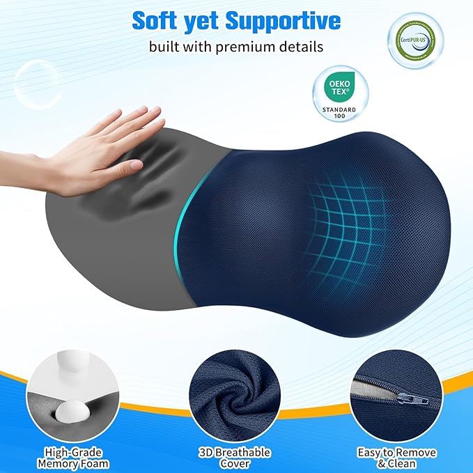 Lumbar Support Pillow for Office Chair - Memory Foam Lumbar Pillow with Detachable Strap & Breathable Cover, Ergonomic Back Support for Office Chair, Car, Bed Rest (Blue)
