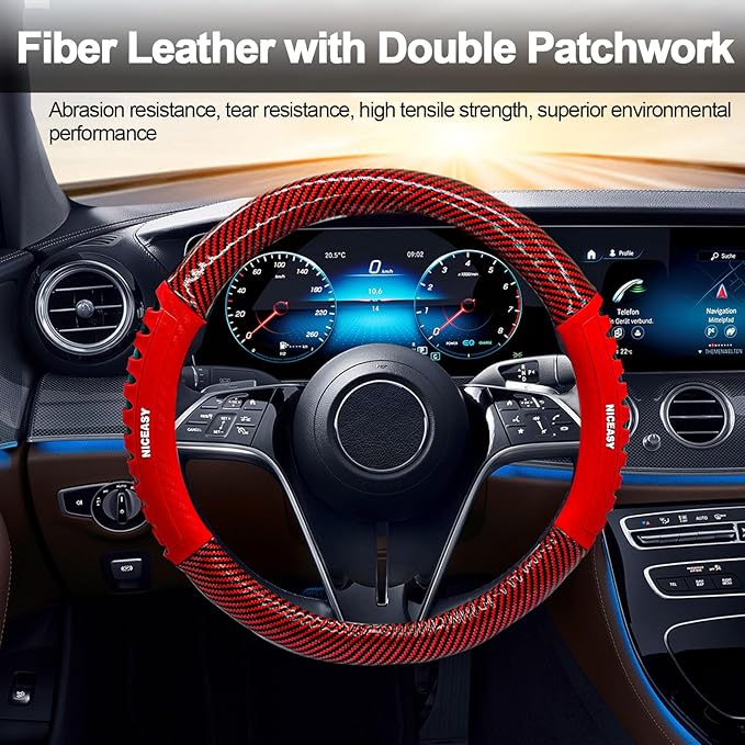 Sport Style Red PU Leather Steering Wheel Cover with Red Sport Grip Anti-Slip Breathable Steering Wheel Accessory Universal Fit 14.75-15 inch