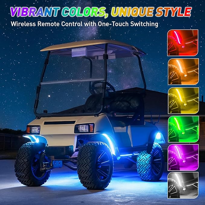 Golf Cart Underglow LED Light Strip Kit, 28 RGB Modes with Music Sync & Wireless Remote | 12-85V Wide Voltage, Fit Club Car, EZGO, Yamaha (2/4/6 PCS)