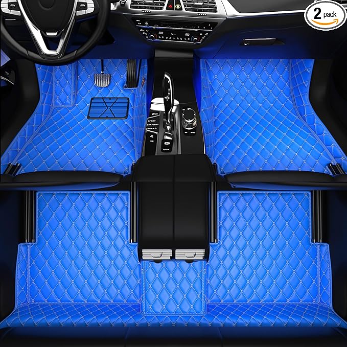All-Weather car Floor MATS-Suitable for 99% of car Models,Leather car mat, offering Personalized Embroidery and Multiple Color Options,Provide Protection for car Rug (Blue Beige)