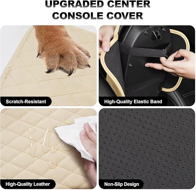 Upgraded Car Center Console Cover Fit for bZ4X Faux Leather Car Armrest Cover Cushion with 2 Storage Bags,Car Armrest Storage Box Interior Accessories(Beige&Whiteline)