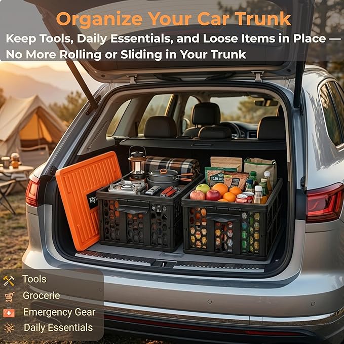 Mymazn Trunk Crate Organizer with Cooler for Car, Collapsible Plastic Trunk Lid Organizer Box for Travel, Groceries, Sports, Home, Tailgating | Removable Insulated Cooler Set