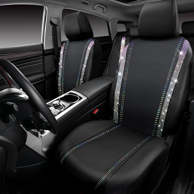 CAR PASS Bling Diamond Car Seat Covers Full Set, Shining Rhinestone Waterproof Faux Leather, Rear with Zipper, Universal Fit Automotive Glitter Crystal Sparkle Strips for Cute Women Girl,Muticolor