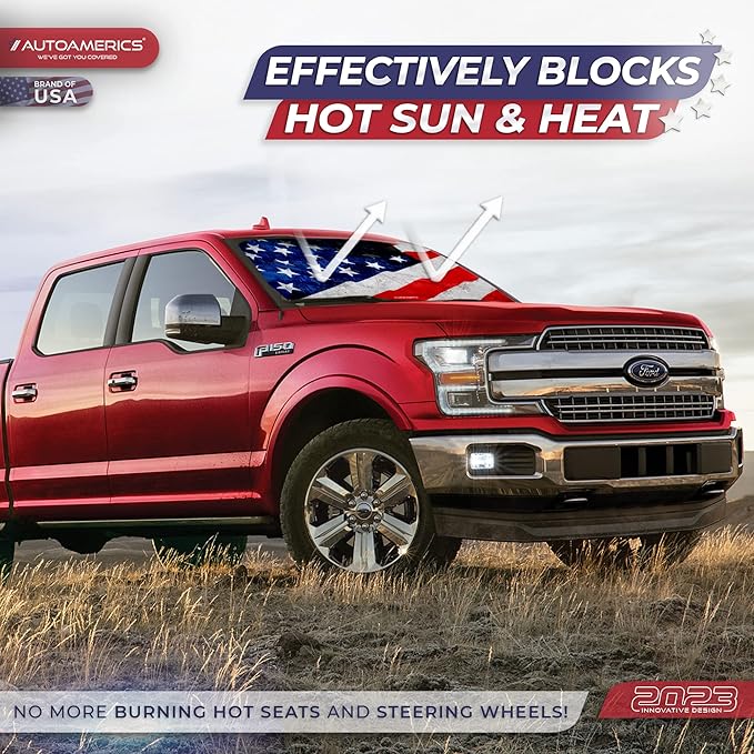 Autoamerics 1-Piece Windshield Sun Shade Grunge American Flag - 4 USA Design - Foldable Car Front Window Sunshade for Most Sedans SUV Truck - Blocks Max UV Rays and Keeps Your Vehicle Cool - Medium