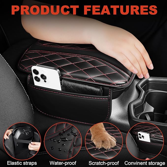 Center Console Cover Fit for Kia Sportage 2005-2025 with 2 Storage Bags Waterproof Leather Quilted Pattern Car Armrest Cover Cushion Anti - Slip(002#Black&Red Line)