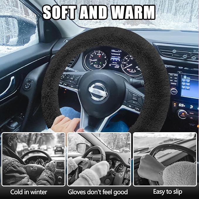 Wuyaoyao Fuzzy Car Steering Wheel Cover, 15'' Soft Auto Steering Wheel Protector for Warm Winter, Elastic Anti-Slip Fluffy Wheel Covers, Car Accessories for Women and Men (Black)