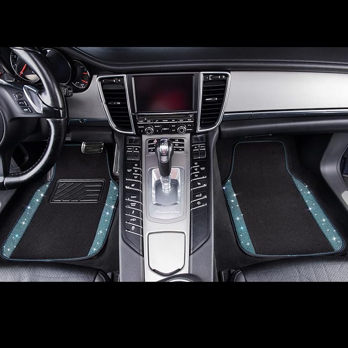 CAR PASS Bling Rhinestones Diamond Waterproof Car Floor Mat, Crystal Sparkly Shining Glitter Carpet, Anti-Slip PVC Heel Pad Universal for Interior Auto SUV,Sedan,Van,4pcs Girly Women Mint Teal Diamond