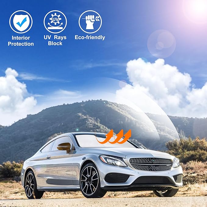 Windshield Sun Shade Custom Fit for 2015-2021 Mercedes Benz C Class W205 C250 C300 C400 Accessories Foldable Sunshade Sun Blocker Protect Car from Sun Rays & Heat Damage Keep Car Cooler