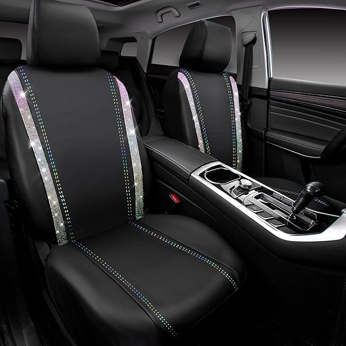CAR PASS Leather Bling Diamond Car Seat Covers 2 Front Interior Sets, Waterproof Universal Shining Glitter Crystal Sparkle Fit for 95% Auto Truck SUV Cute Women Girl, Black Multicolor Rhinestone