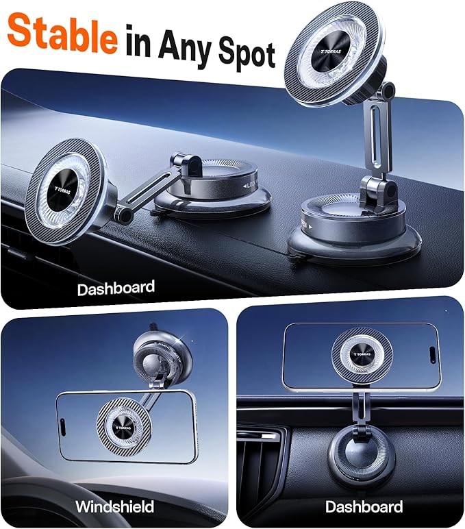 TORRAS 2026 Upgraded Vacuum Car Phone Holder for MagSafe Car Mount [98+ LBS Strongest Suction | 24 N58 Magnets] 360° Adjustable Magnetic Phone Holders for Your Car, for iPhone 17-12 Pro Max Plus Air