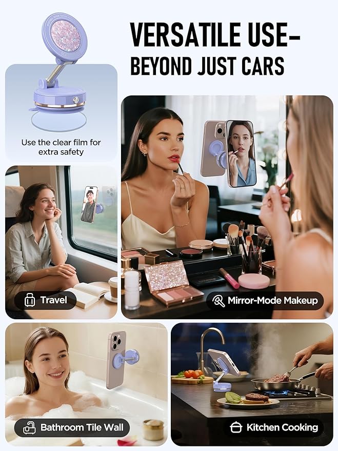 Upgraded Vacuum Magnetic Car Phone Holder for MagSafe[108+LBS Strongest Suction & 3000gf Strongest Magnetic],360° Adjustable Suction Cup Phone Mount for Car,Gym,Mirror,Men Women-Purple