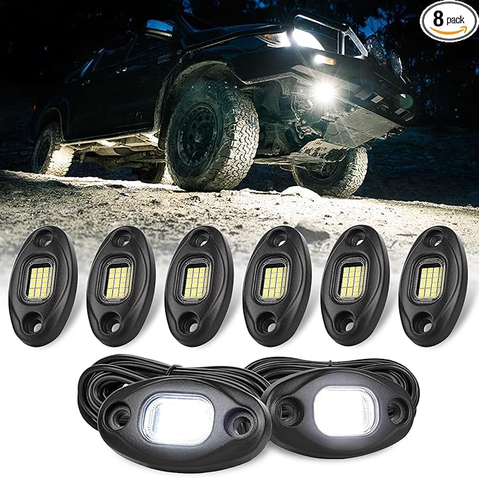 Pure White Rock Lights-24Chip High Power 6000k Pure White, 15FT Cable Each Light, Aluminum Case, Waterproof IP68 Underglow Lights for Trucks Jeep UTV ATV(8 PCS)