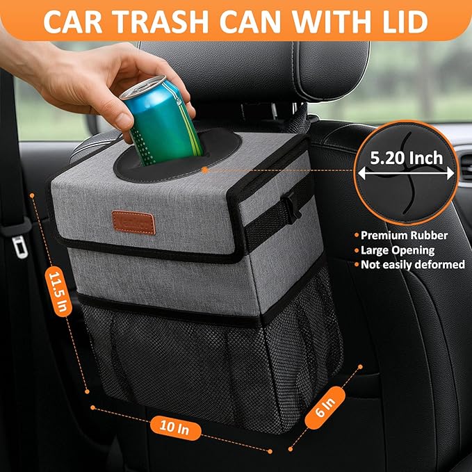 Vankor 3 Gallons Car Trash Can with Lid, Car Trash Bag Bin Hanging Waterproof Automotive Garbage Cans Leak Proof Vehicle Can Grey