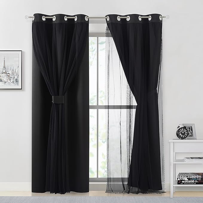 Bujasso Black Full Blackout Curtain Panels with Sheer Overlay Mix and Match Double Layer Thermal Insulated Window Treatment Set for Living Room Black Drapes with Tiebacks Grommet Top 37" Wx95 Lx2
