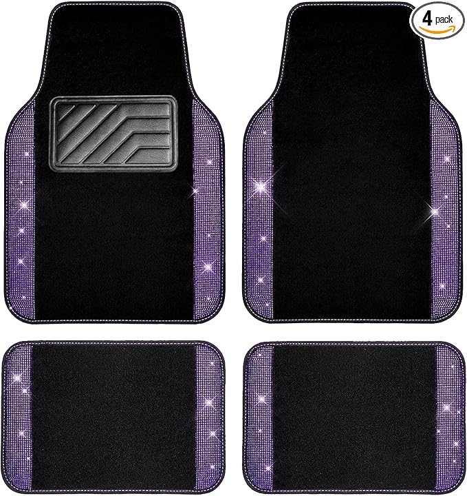 CAR PASS Bling Rhinestones Diamond Car Floor Mat, Crystal Sparkly Shining Glitter Carpet, Waterproof Anti-Slip PVC Heel Pad Universal Fit Interior Set SUV,Sedan,Van,4pcs Girl Women Men Violet Purple