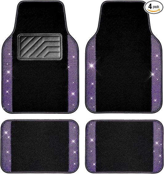 CAR PASS Bling Rhinestones Diamond Car Floor Mat, Crystal Sparkly Shining Glitter Carpet, Waterproof Anti-Slip PVC Heel Pad Universal Fit Interior Set SUV,Sedan,Van,4pcs Girl Women Men Violet Purple