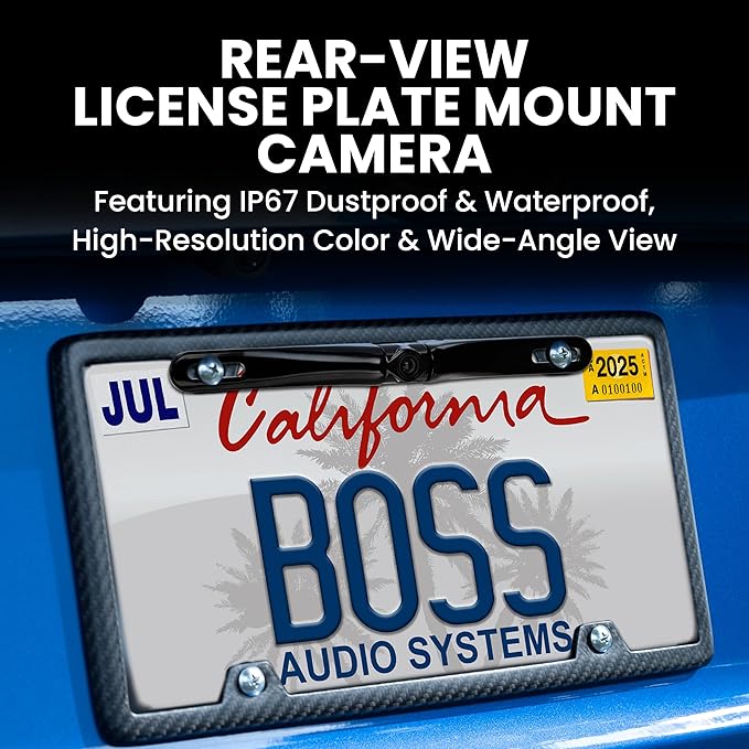 BOSS Audio Systems LPCB36 Car Truck Rearview Backup Reverse Camera - License Plate Mount, 170° Wide Angle Rear View Cam, Low Light Friendly