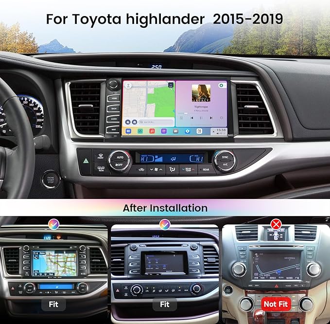 10.2 QLED Car Radio for Toyota Highlander 2015-2019, Android 13 Head Unit, 8+256GB with Carplay & Android Auto, GPS Navigation, DTS, 4GLTE/5G WiFi, Vivid 13