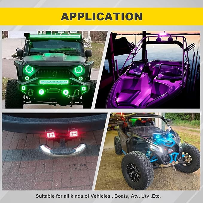 4PCS 4" inch LED Pods Flood Work Light Bar with Multi-Color Chasing RGB Halo 16 Solid Colors Over 92 Flashing Modes Offroad Pods Lights LED Driving Lamp Fog Lights with Switch Wiring Harness
