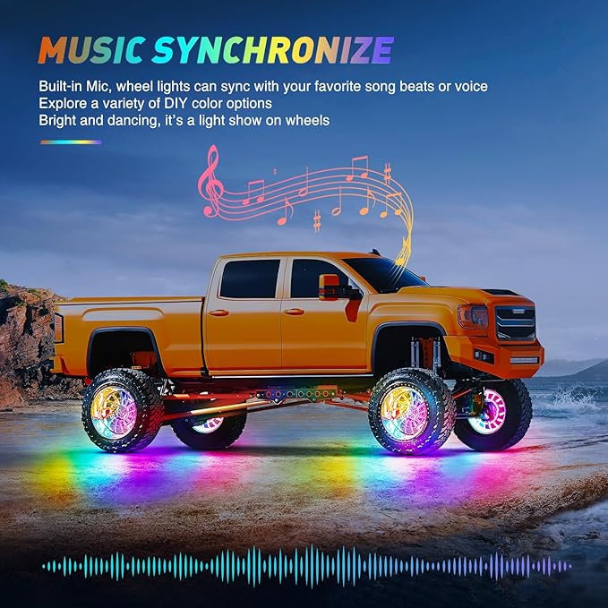 Nilight 4PCS 17.5inch Wheel Ring Lights Deram Color with APP and Remote Control Neon Lights Million Colors w/Turn Signal and Braking Function for Car Van SUV Truck