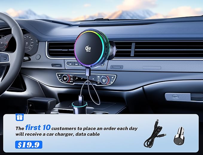 25W MagSafe Compatible Car Mount Charger with Air-Cooled, 3500gf Magnetic Phone Holder for iPhone and Android, Dash Air Vent with Rainbow Ambient Light Valentines Day Gifts