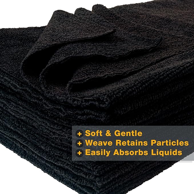 Eurow Ultrasonic Cut 300 GSM Microfiber Cleaning Towels, Streak-Free, Lint-Free, Ultra Absorbent, Scratch-Safe, for Auto Detailing, Home, Kitchen & Multipurpose Use, 16x16, 12-Pack, Black