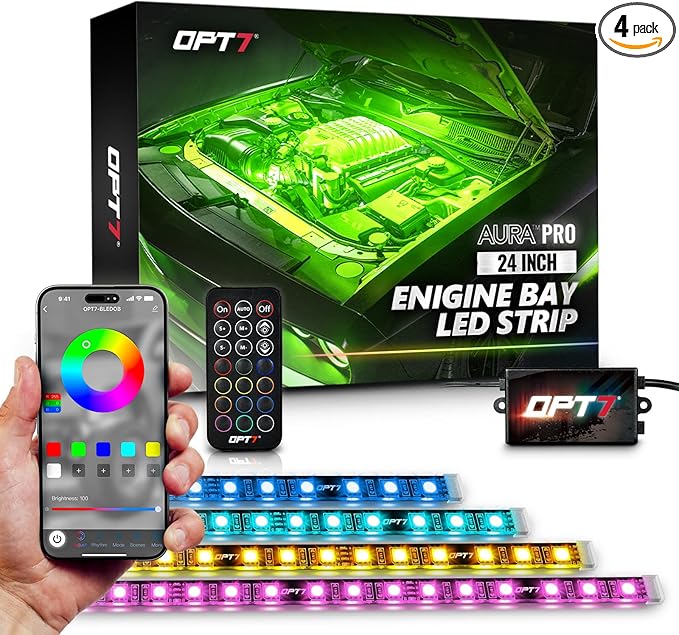 OPT7 Aura Pro Engine Bay Lights w/App & Remote Control, 4PCS 24” Waterproof Underhood LED Light Strips, RGB Multi-Color Music Sync Decoration for Pickup Truck Tacoma Tundra 4Runner Dodge Durango