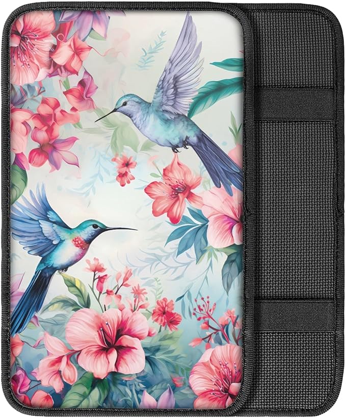 UNICEU Car Decorative Armrest Cover Pad Spring Pink Flower Hummingbird Print Soft Neoprene Car Center Console Armrest Cover Universal