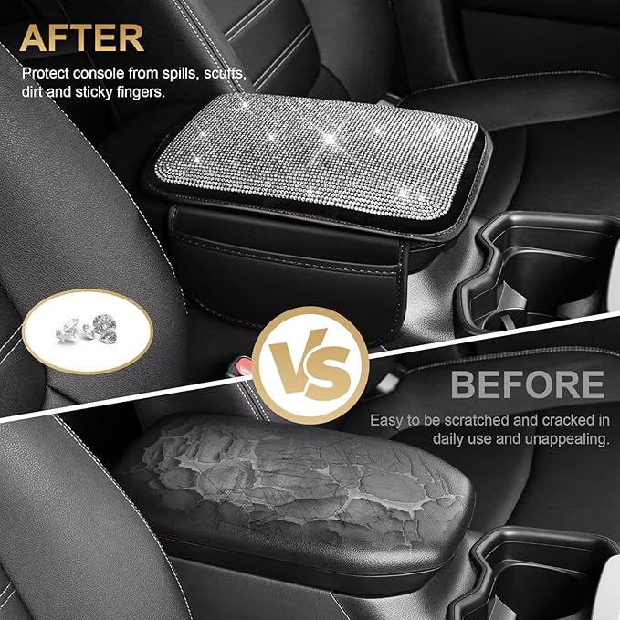 Bling Center Console Cover Fit for Toyota bZ4X with 2 Storage Bags Fully Diamond-Studded Style Center Console Armrest Cover with Total Protection(Silver Diamond)