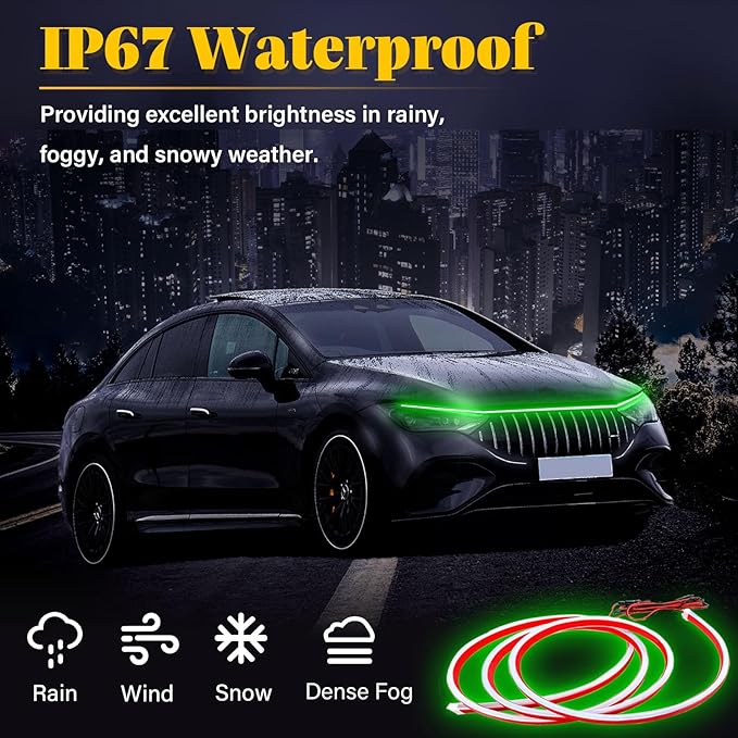 DIBMS 71-inch High-Brightness Car Hood Gap LED Light Strip - Daytime Running Lights Universal Auto Exterior Decor Accessories (Green)