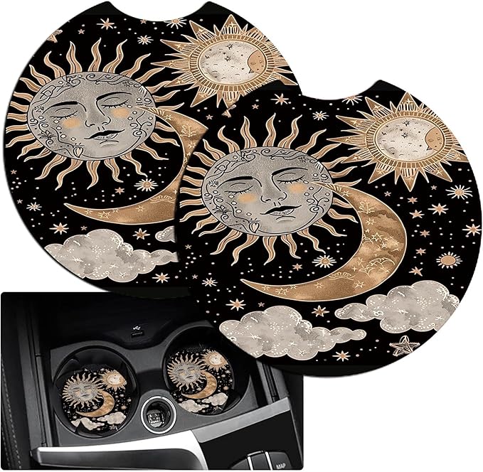 Car Armrest Cover Pads Universal Fashion Cute Auto Center Console Armrest Cover Pad with 2PCS Car Coasters Soft Waterproof Car Armrest Seat Protector for Women, Sun Moon Clouds Stars