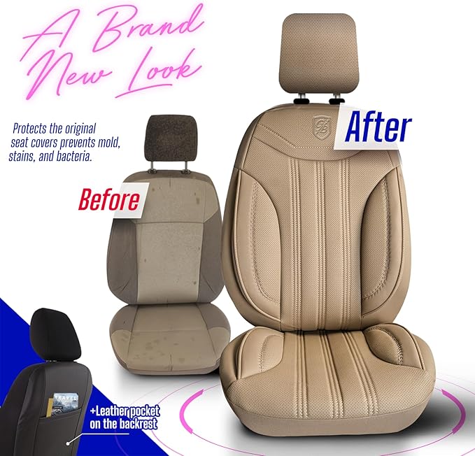 Premium Car Seat Covers Front Seat - Nappa Leather Car Seat Cover for SUV, Cars, Most Pickups, Beige, Car Seat Protector, Car Seat Covers Front Seats, Car Seat Protector