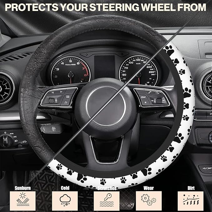 Cat Dog Paw Print Car Steering Wheel Cover, Non-Slip Absorbing Sweat Car Wheel Cover Accessories for Men Women,Universal 15" Fit Auto SUV Vans Trucks