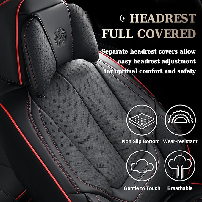 Coverado Universal Seat Covers Full Set, Universal Seat Covers for Cars, Waterproof Nappa Leather Car Seat Covers with Head Pillow, 5 Seats Auto Protectors Fit for Most Pick-up Truck, Black&Redline