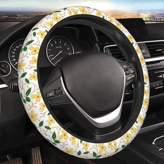 Car Steering Wheel Cover,Yellow Flower Universal Non Slip Wheel Protector 15 Inch Elastic Car Accessories for Men Women