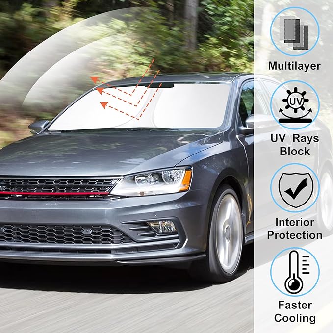 Windshield Sun Shade Custom Fit for 2011-2018 Volkswagen VW Jetta Accessories Foldable Sunshade Sun Blocker Protect Car from Sun Rays & Heat Damage Keep Car Cooler