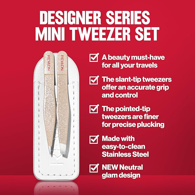 Revlon Designer Series Mini Tweezer Set, Hair Removal Tool Kit with Slant & Point Tips, Portable and Easy to Use, Made with Long Lasting Stainless Steel, 1 Count (Pack of 2)