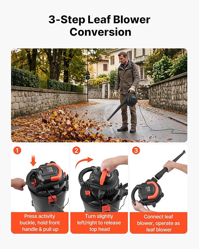 VEVOR 3-in-1 Shop Vac, 8 Gallon Wet Dry Shop Vacuum, 4.5 Peak HP Portable Vacuum Cleaner with Blower, Dual-Filter, 950W Input Power, 1.25in x 7ft Hose, 9.8ft Cord for Jobsite, Workshop, Garage, Home