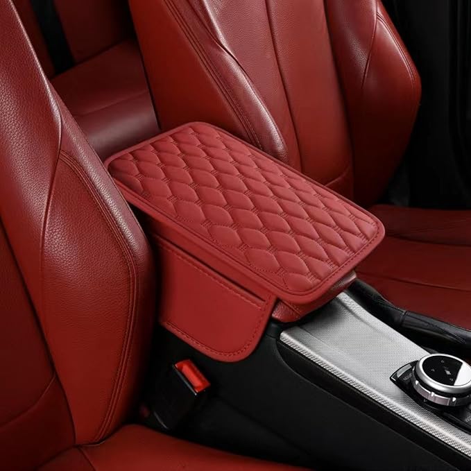 Thin Car Center Console Cover, PU Leather Armrest Cushion with 2 Side Storage Pockets, Universal Car Interior Accessories for Most Vehicles/SUV/Sedan (Thin-Diamond Stitch, Red)