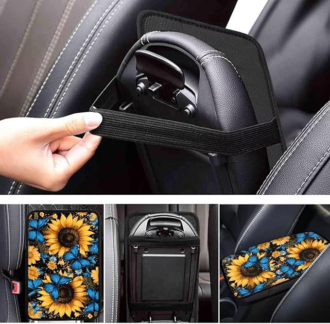 Dreaweet Car Center Console Cover Blue Butterfly Sunflower Print Arm Rest Cover for Car Women Universal Car Accessories Interior Soft Anti Scratch Car Armrest Storage Box Mat