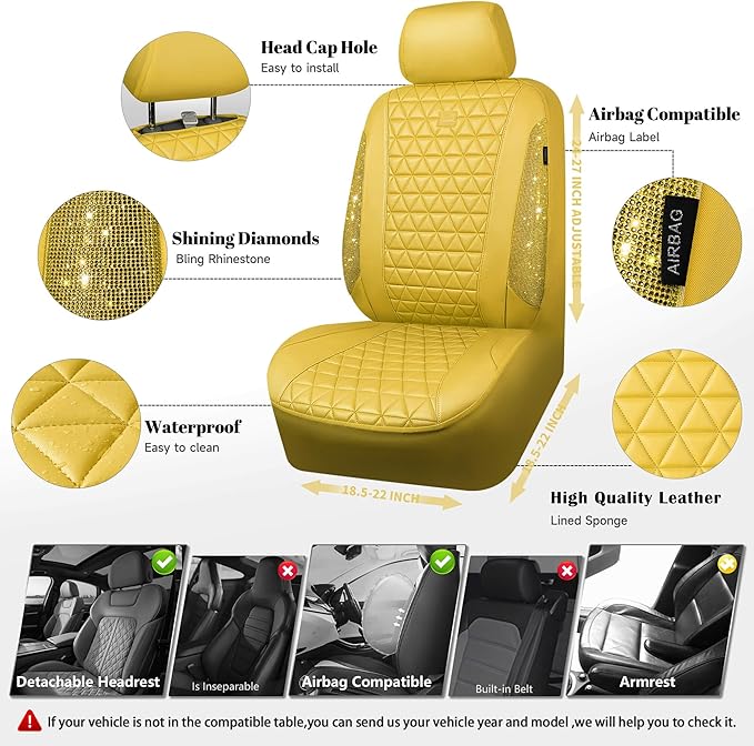 CAR PASS Yellow Bling Diamond Leather Car Seat Cover Full Sets,Waterproof Shining Glitter Sparkly Crystal Universal Fit for Automotive Truck SUV Cute Women Girl Airbag Compatable,All Yellow Rhinestone