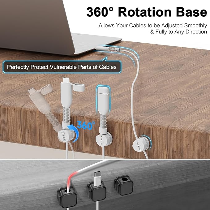 6 Magnetic Spring Cable Clips Desktop Cord Organizer Rotatable Cord Holder 2 Charging Cord Protecors for Nightstand Phone Charger Organizer Computer Desk Cable Management Appliance Adhesive Wire Strap