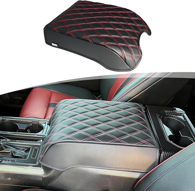Center Console Armrest Cover Compatible with 2015-2020 Ford F150 Accessories, 2017-2022 F250 F350 F450 F550, 2018-2024 Expedition, Anti-Scratch, Black-Red Stitch(Fits Bucket Seat Only)