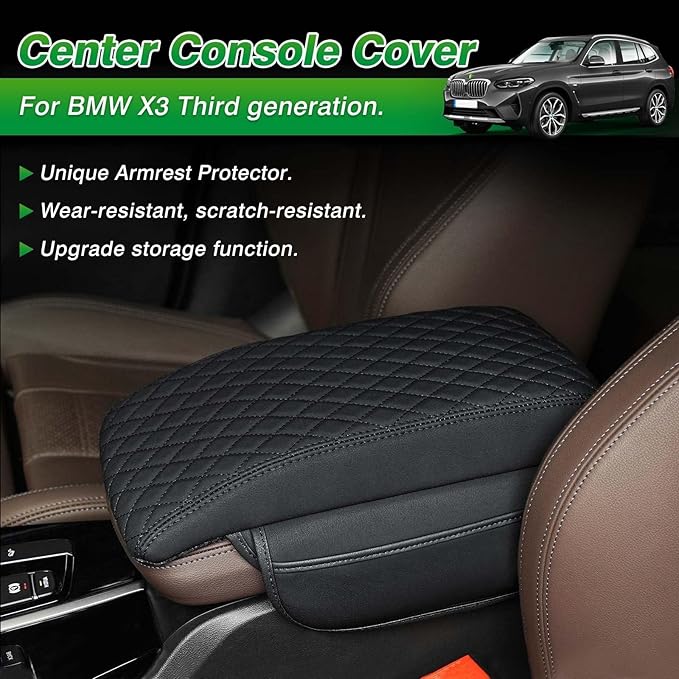 Shademax BMW X3 Center Console Cover, BMW X3 Accessories 2018-2023 2024 Memory Foam Armrest Cover Center Console Pad PU Leather Armrest Seat Box Cover Protector with Pockets Storage Bag