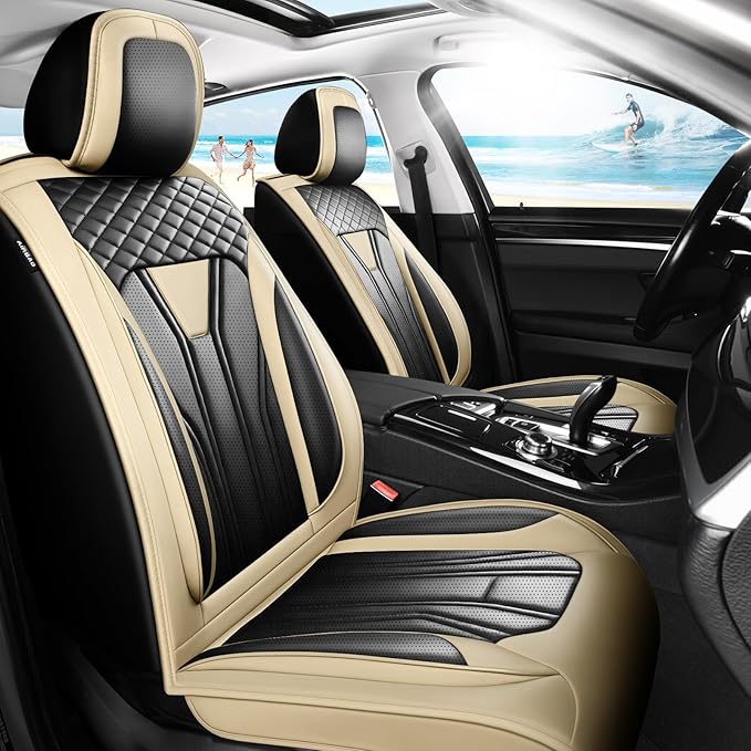 Fit Tucson Car Seat Covers Compatible with Hyundai Tucson 2010-2026, Premium Leather Breathable,Wear Resistant, Airbag Compatible, All-Weather Protection & Full Coverage, Full Set Beige&Black