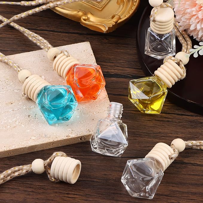 210Pcs 8ml Hanging Car Air Freshener Diffuser Empty Clear Glass Essential Diffuser Oil Aromatherapy Fragrance Perfume Pendant Glass Vials with Wooden Caps Hanging String Car Diffuser Bottles