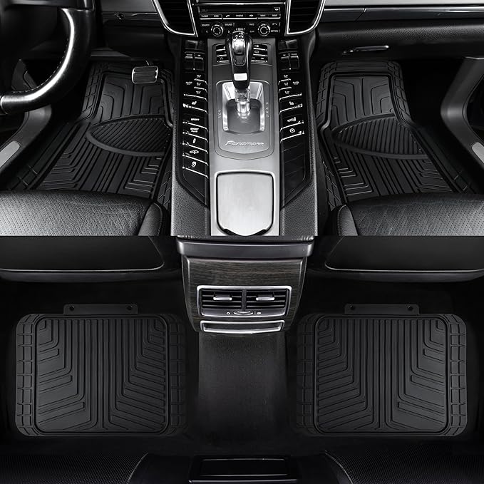 Amazon Basics 4-Piece Premium All-Season Anti-Slip Rubber Floor Mats, All Weather Protection for Cars, SUVs and Trucks, Universal Trim to Fit, Black