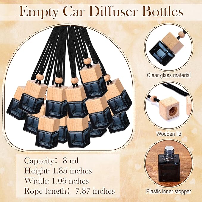 DaisyInner 100 Sets Car Diffuser Bottles Empty Bulk Hanging Car Air Freshener Diffuser Bottles Bulk Glass Perfume Holder with Instruction Cards for Essential Oil Fragrance Pendant(Square,Black)