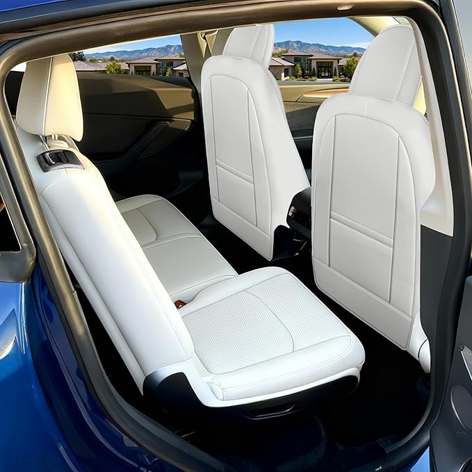 Custom Fit Tesla Model Y Seat Cover 7 Seaters Fully Wrapped Front and Semi-Wrapped Third Row (White-3 Rows)