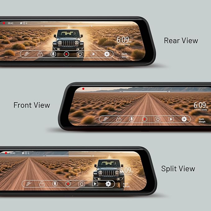 Stinger Jeep Wrangler JK (2007-18) 9.66” 4K UHD Touchscreen Digital Rear View Mirror Monitor & 4K Front Dashcam, 2K Backup Cam, Anti-Glare Night Vision, Built-in DVR w/ 64GB SD Card, Impact Detection